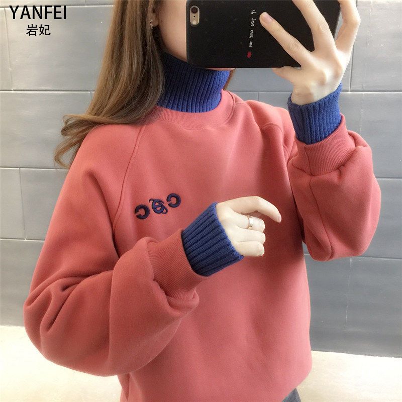 加絨衛衣女2022秋冬新款半高領假兩件寬鬆韓版加厚時尚上衣外套潮
