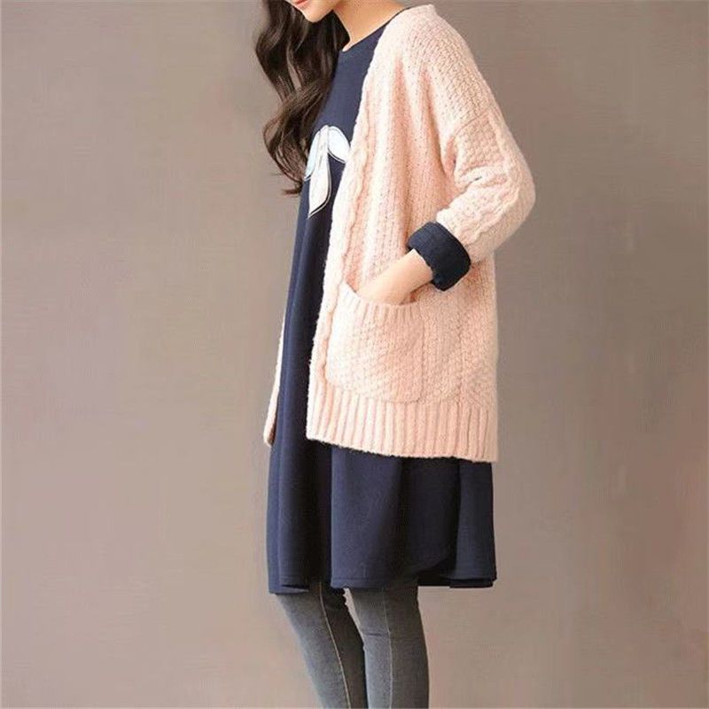 Oversized 300 catties pregnant women's dress  spring loose belly hidden meat slimming knee fat mm sweater dress