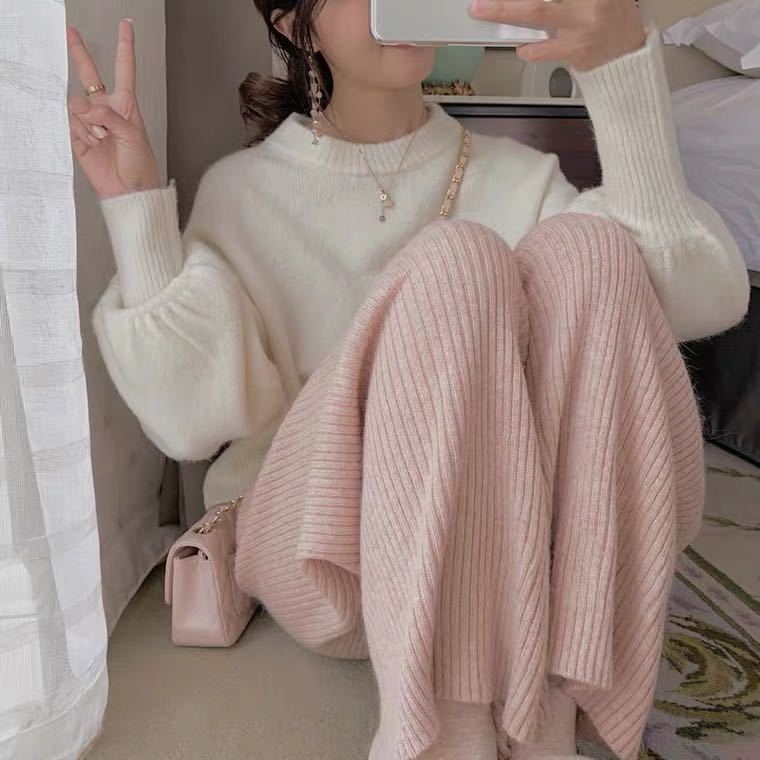 闊腿褲女高腰秋冬新款溫柔寬鬆百搭垂感很仙的長褲休閒粉色針織褲