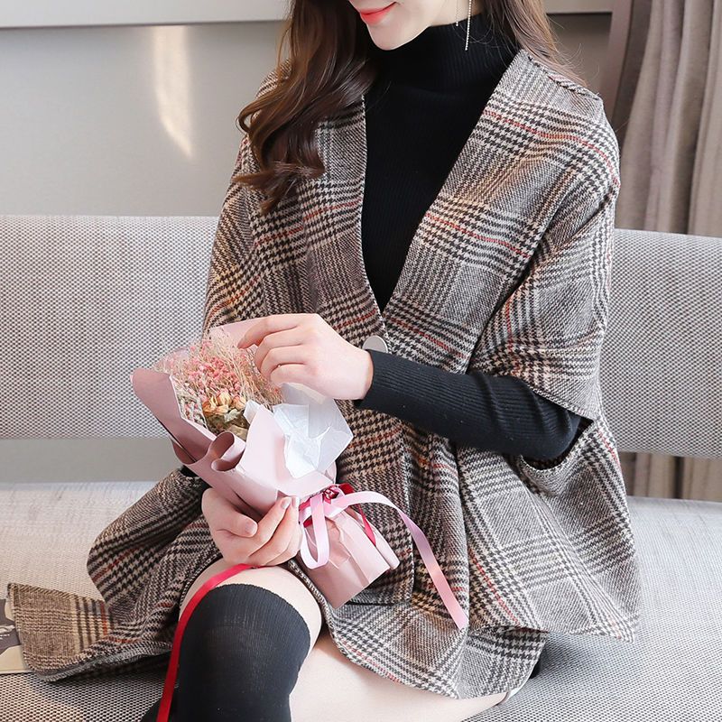 2023春秋女裝新款雙面毛呢外套英倫風復古氣質不對稱格子披肩斗篷