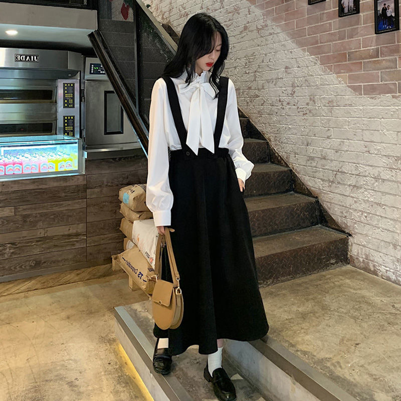 套裝女春秋韓版燈籠袖襯衫+學院風減齡顯瘦背帶裙學生兩件套/單件