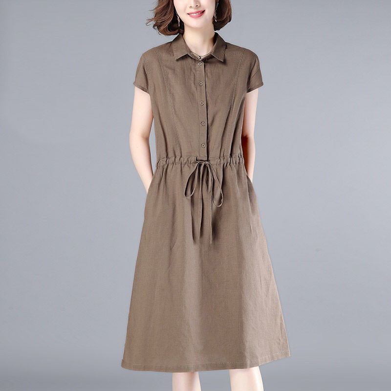 Age reducing loose casual lace up linen cotton linen women's short sleeve mid long new summer dress