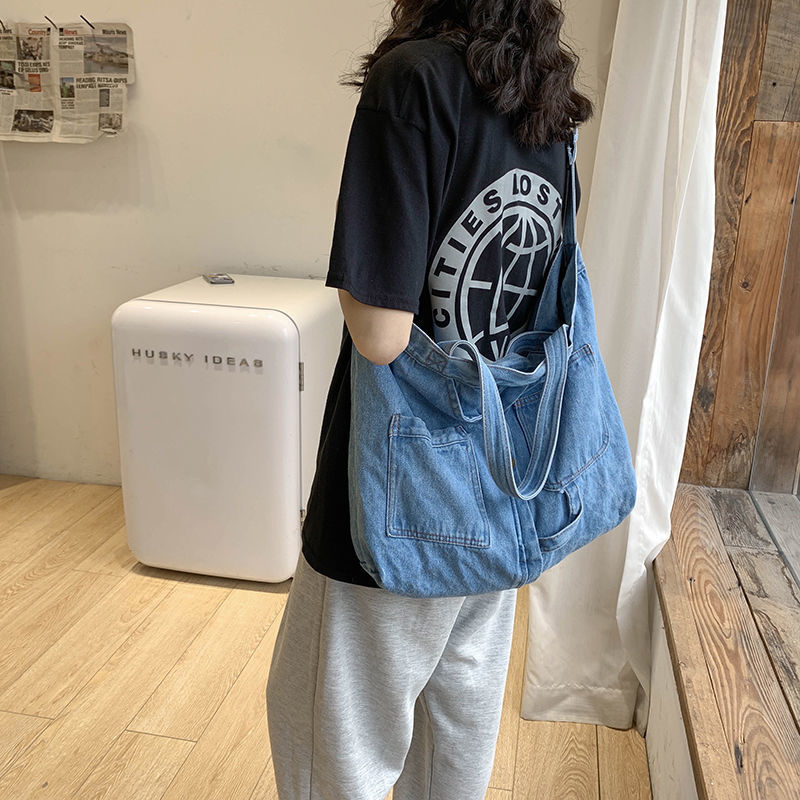 Bag women's messenger all-match niche large shoulder bag denim tote bag shoulder canvas bag Harajuku style student Japanese trend