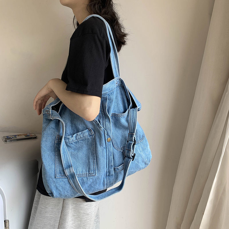 Bag women's messenger all-match niche large shoulder bag denim tote bag shoulder canvas bag Harajuku style student Japanese trend