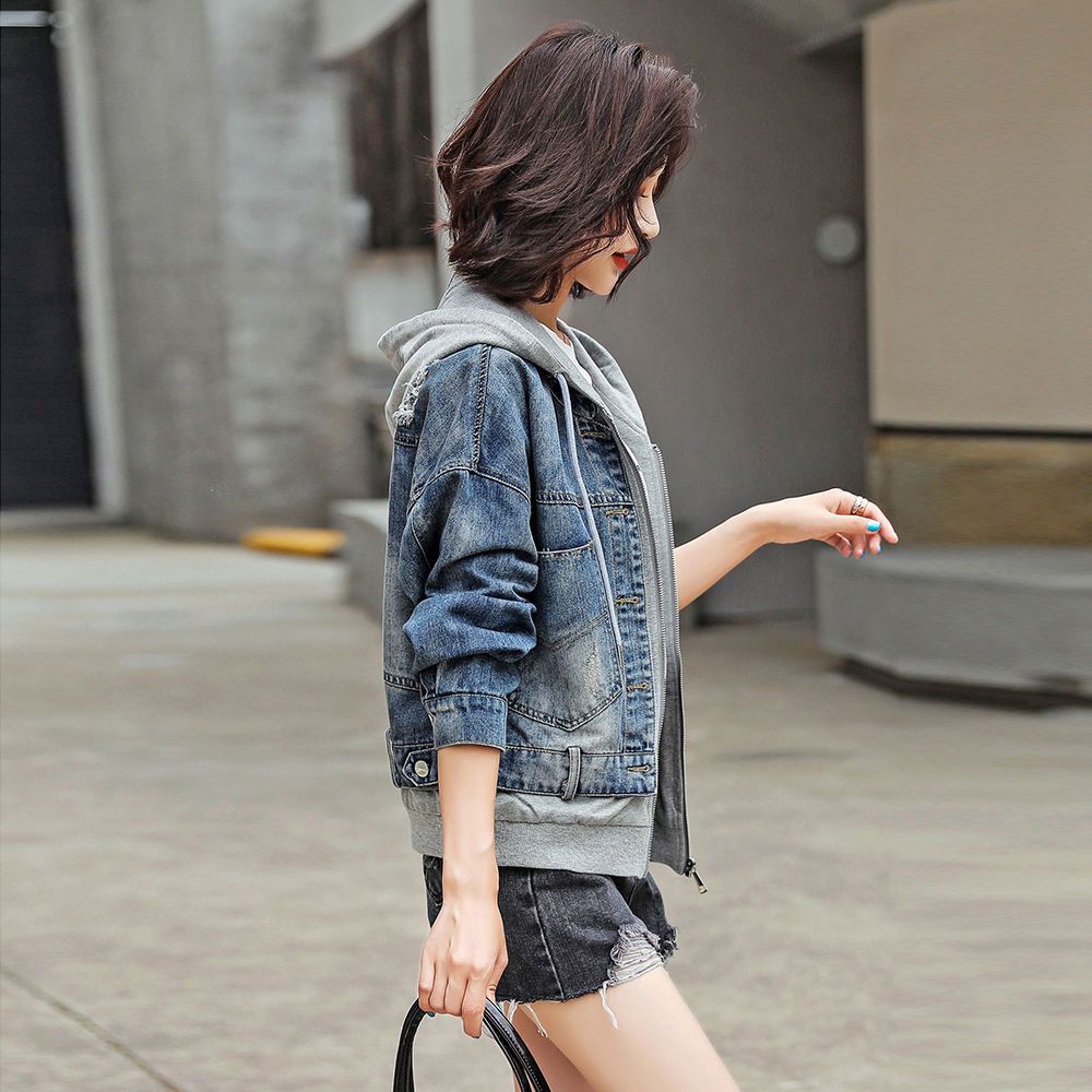 2023 spring and autumn new short section small fresh hooded denim jacket female loose student bf loose student Korean version