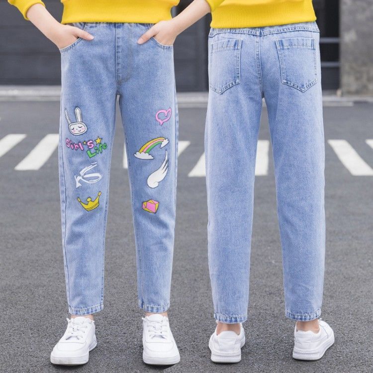 女童牛仔褲春秋裝2023新款韓版兒童褲子女孩寬鬆洋氣中大童長褲12
