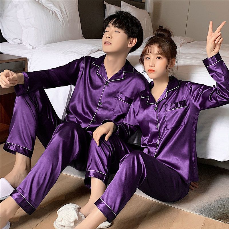 [Buy one get one free] couple pajamas men's spring and autumn long-sleeved ice silk thin section plus size loose women's home clothes