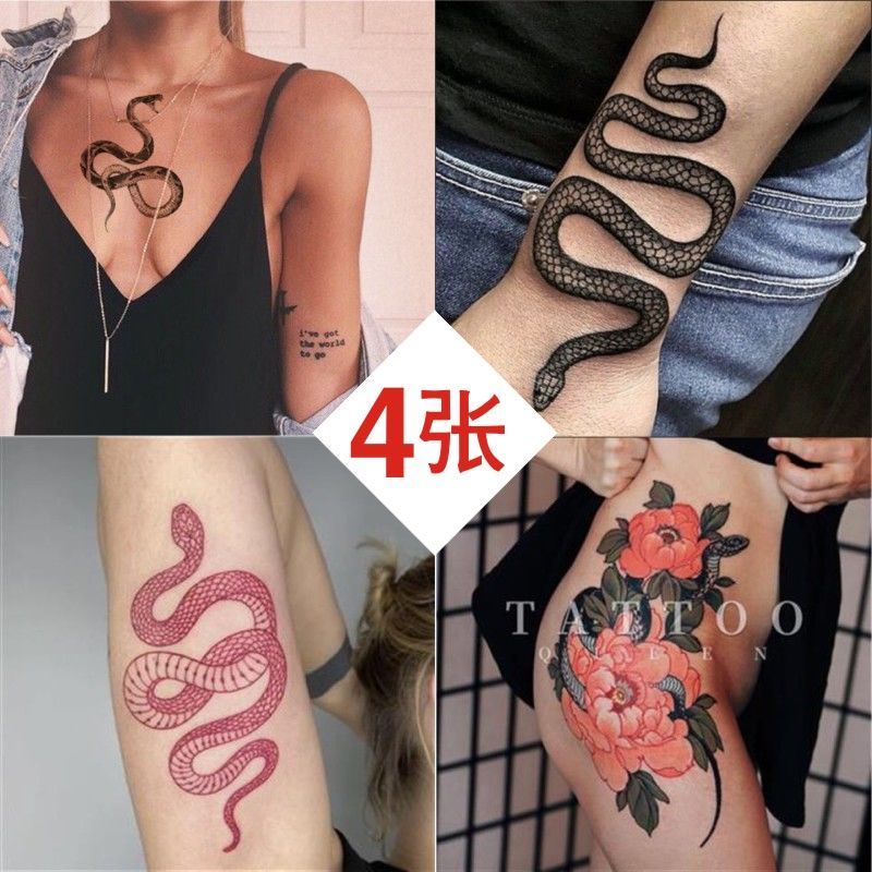 花臂少女tattoo D49新款黑白浮世绘花朵黑蛇少女大腿纹身贴 虎窝拼