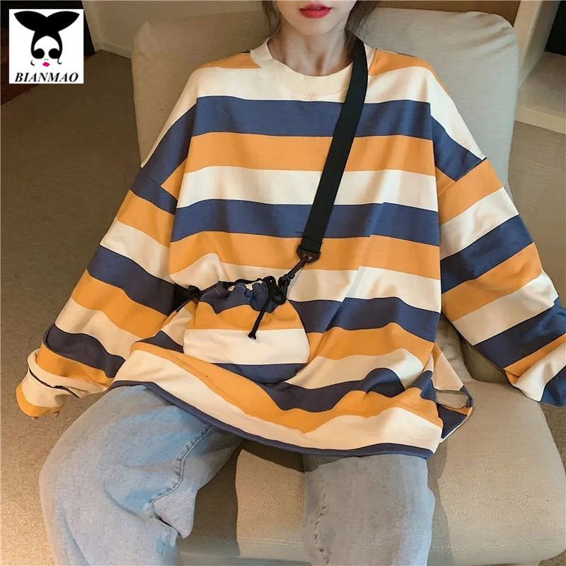 Cotton stripe sweater for female students Korean loose 2020 autumn new ins Long Sleeve T-Shirt Top