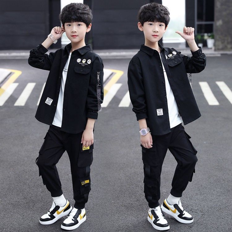 Boys' casual shirt jacket new spring and autumn middle-aged and older children's long-sleeved shirt handsome Korean style trendy