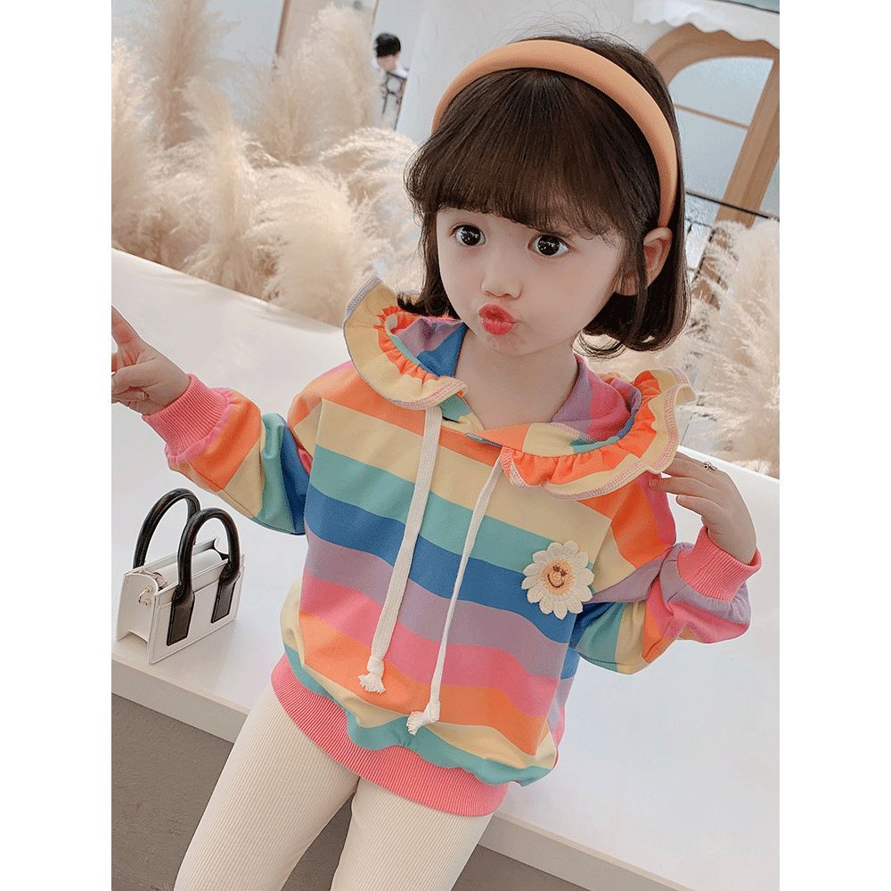 Girls rainbow sweater girl baby autumn and winter clothes 2022 new small and medium children's foreign style hooded Korean version of the clothes trend