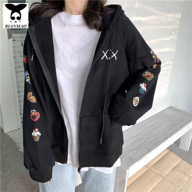 Cotton spring and autumn thin sweater women's loose Korean version ins sohara BF lazy zipper coat couple's top