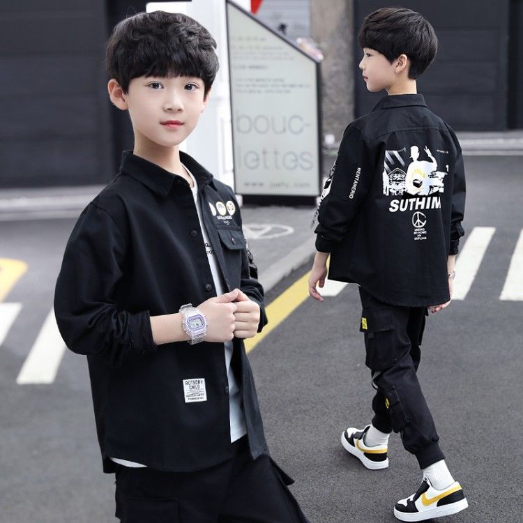 Boys' casual shirt jacket new spring and autumn middle-aged and older children's long-sleeved shirt handsome Korean style trendy