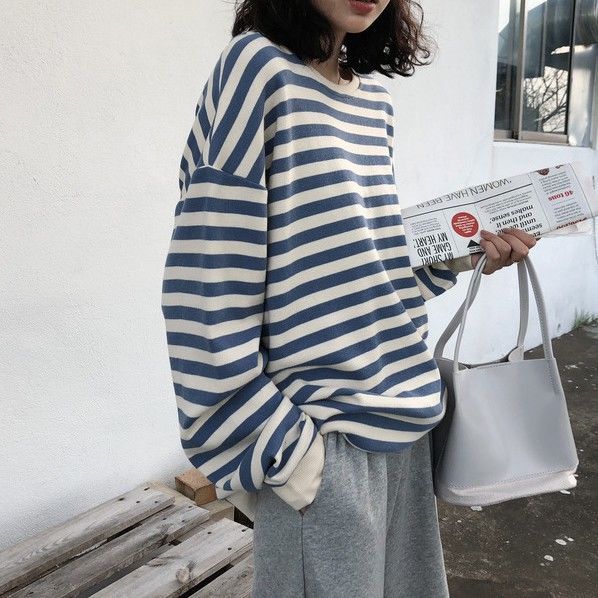 Autumn Korean striped Pullover Sweater style wearing ins foreign style Junior Girl T-shirt