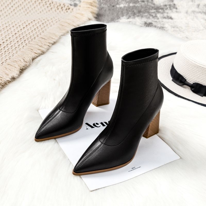 Short boots women's thick heels spring and autumn single boots  winter new pointed high heels bare boots middle tube net red thin boots elastic