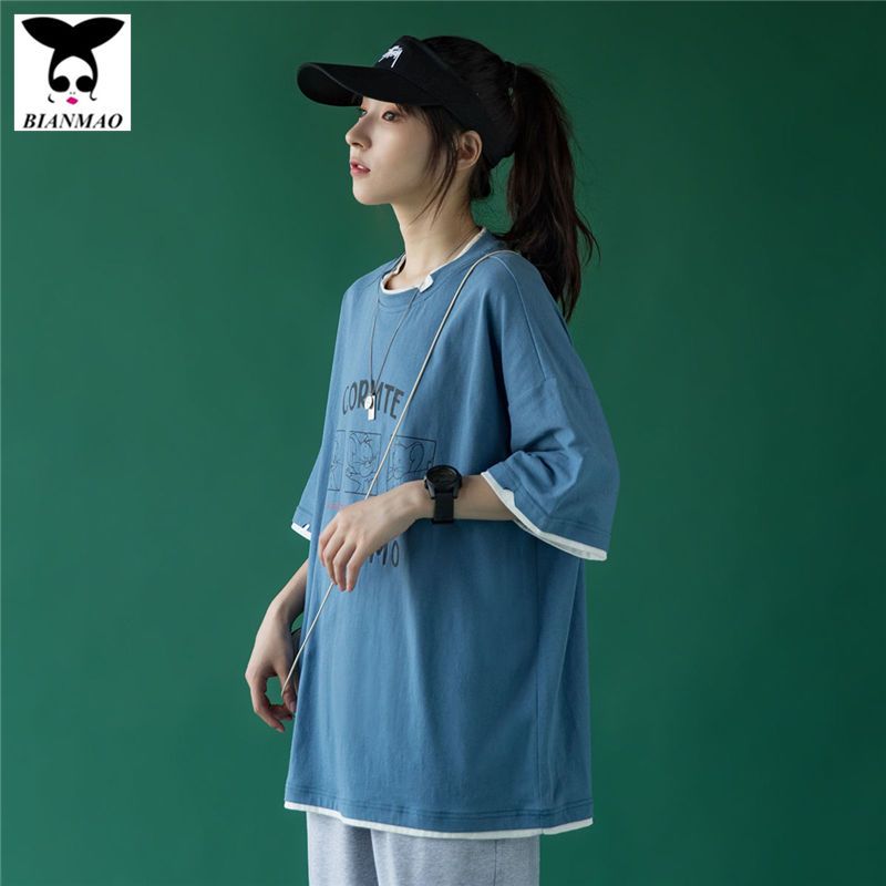 100% cotton fake two-piece short sleeve t-shirt female student Korean loose black show thin Mickey Mouse fashion