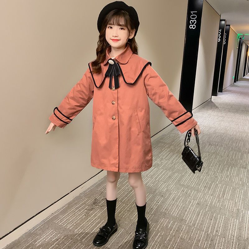 Girls college wind coat 2022 spring and autumn clothing for big boys Korean style little girls mid-length fashionable children's windbreaker trend