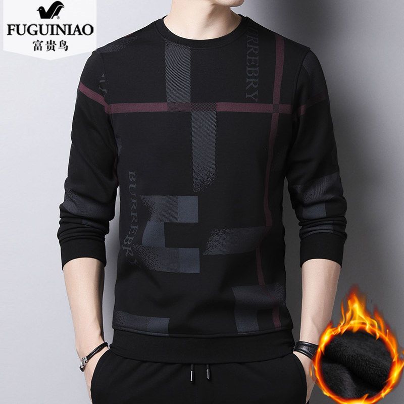 Rich bird autumn and winter Plush thickened warm long sleeve T-shirt printed round neck sweater for young and middle aged men