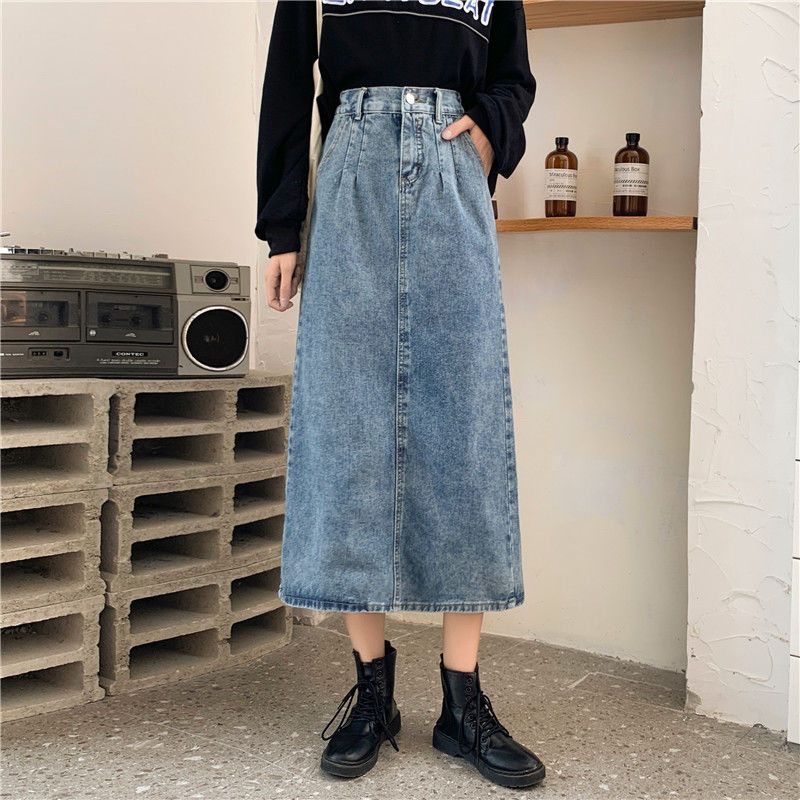 中長款開叉牛仔半身裙女秋冬大碼胖mm復古高腰顯瘦包臀a字一步裙