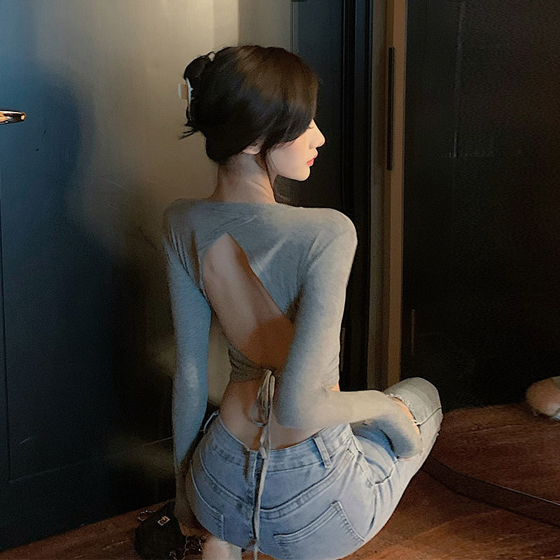 Sexy and careful machine open back tie t-shirt ladies short section navel exposed waist temperament tight top spring and autumn inner wear winter
