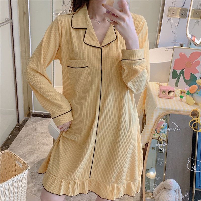 Pajamas female spring autumn cotton long sleeve student long nightdress female autumn sweet lovely can go home