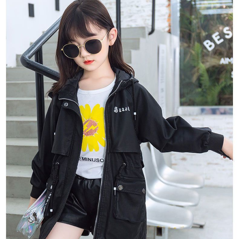 Girls' windbreaker jacket mid-length 2023 new autumn clothing Korean style foreign style children's clothing fashion spring and autumn top trend