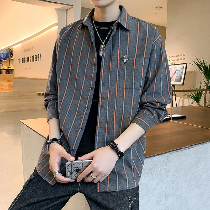 襯衫男士新款長袖韓版潮流條紋格子襯衣寬鬆休閒痞帥氣百搭外套男