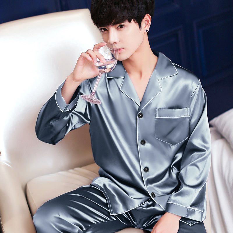 Men's pajamas long sleeve pants thin ice silk plus fat size couple cartoon spring and autumn home wear summer suit