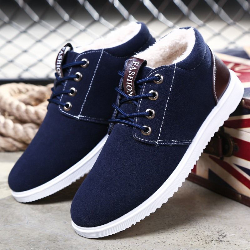 Winter Plush men's shoes leather warm men's high top antiskid snow boots lazy shoes casual board shoes lace up cotton boots