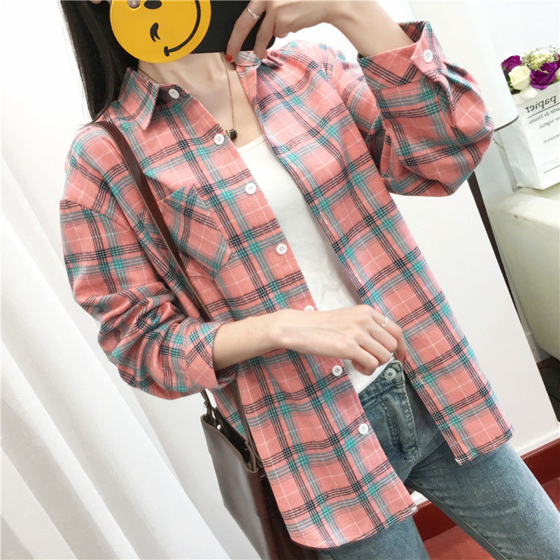 Spring and Summer Long Sleeve Plaid Shirt female student Korean version loose sun proof coat coat autumn top Hong Kong style retro shirt