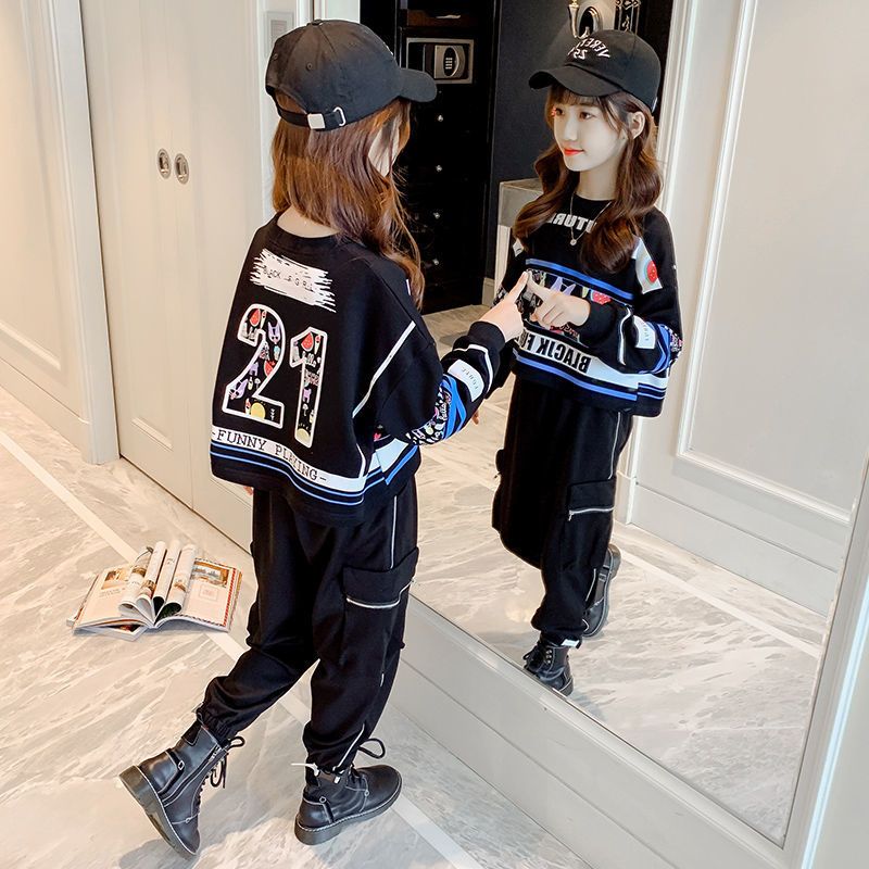 女童秋裝套裝2023新款網紅兒童衣服時髦洋氣春秋中大童運動兩件套