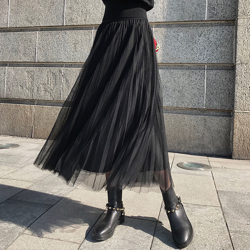 Popular fashion mesh skirt medium length pleated skirt high waist slim A-line skirt fairy skirt versatile half length skirt