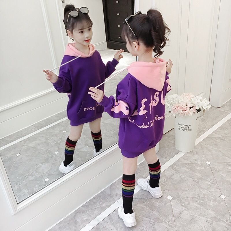 复合绒女童秋冬装中长款加厚卫衣2021新款中大童洋气韩版上衣加绒