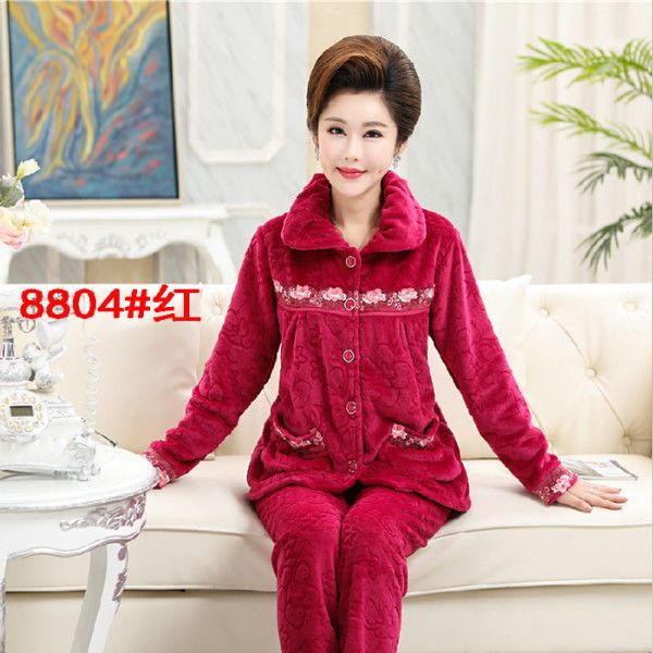 Xuemei Niang Middle-aged and Elderly Thickened Coral Fleece Pajamas Women's Autumn and Winter Mom Plus Velvet Plus Size Home Service Set
