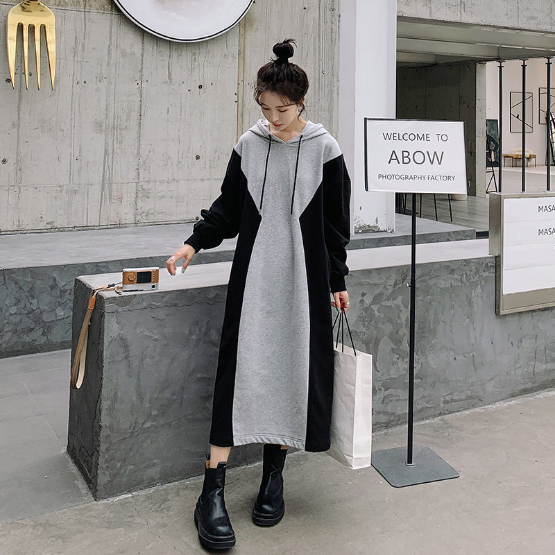 Fat mm extra large size 300 catties pregnant woman long skirt 2023 spring and autumn loose belly cover color hit stitching sweater dress 240
