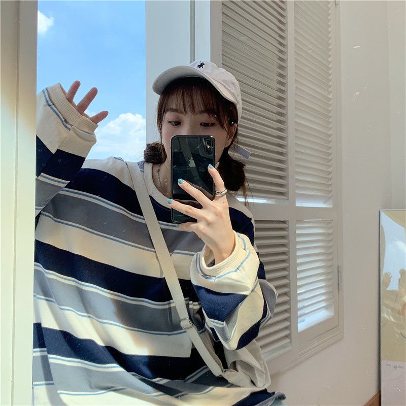 Autumn Korean loose stripe Pullover Sweater Japanese ins large size top for women's thin and versatile long sleeve thin T-shirt fashion
