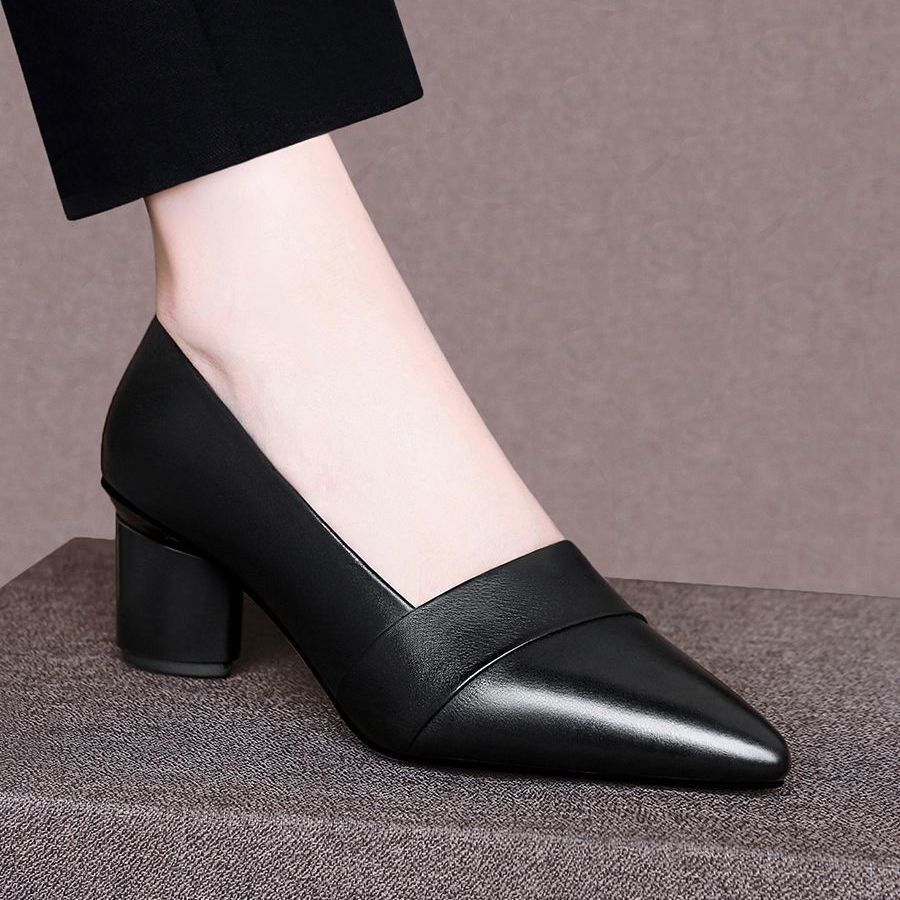 Autumn new soft leather shallow mouth medium heel thick heel single shoes women's pointed high heel retro national style high end women's shoes