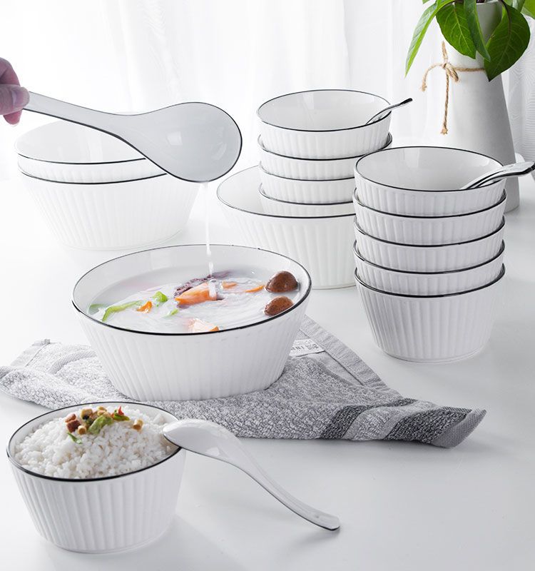 黑线竖纹18件碗碟套装家用陶瓷碗盘大面碗汤碗深盘汤盘碟子餐具