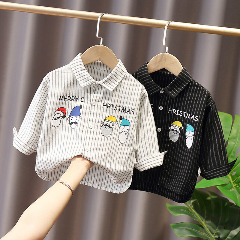 男童宝宝时尚竖条纹长袖衬衫婴儿童装2020春秋韩版中小童卡通上衣