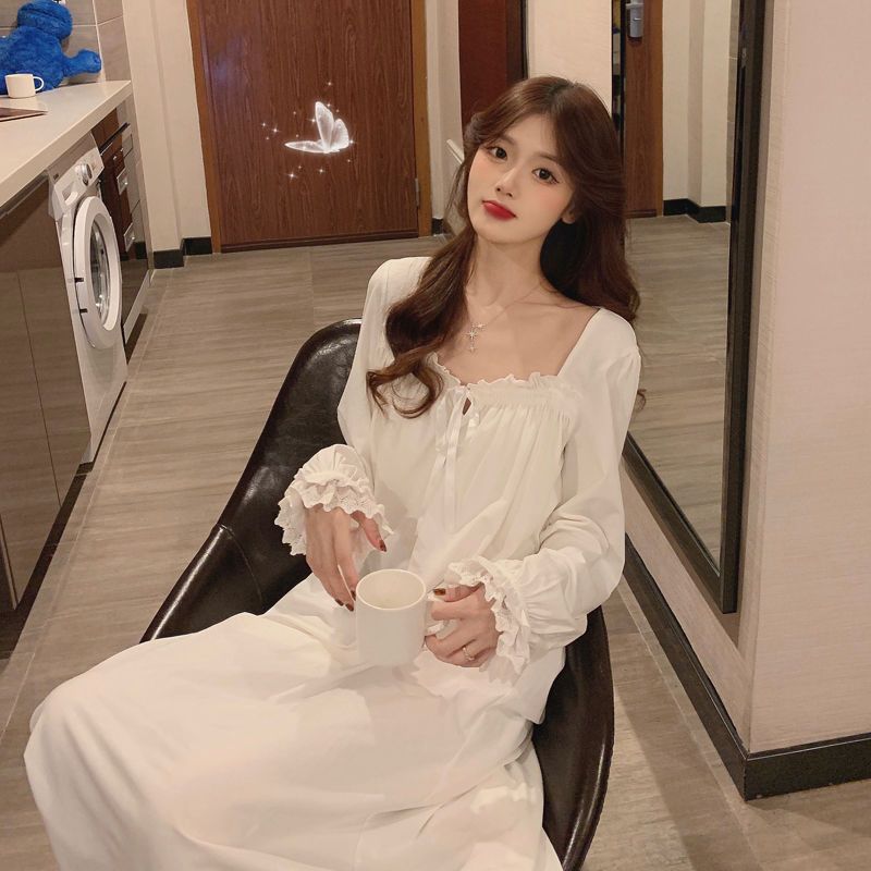 New ins nightdress pajamas women's spring, autumn and winter 2020 court Japanese sweet long white long-sleeved home clothes