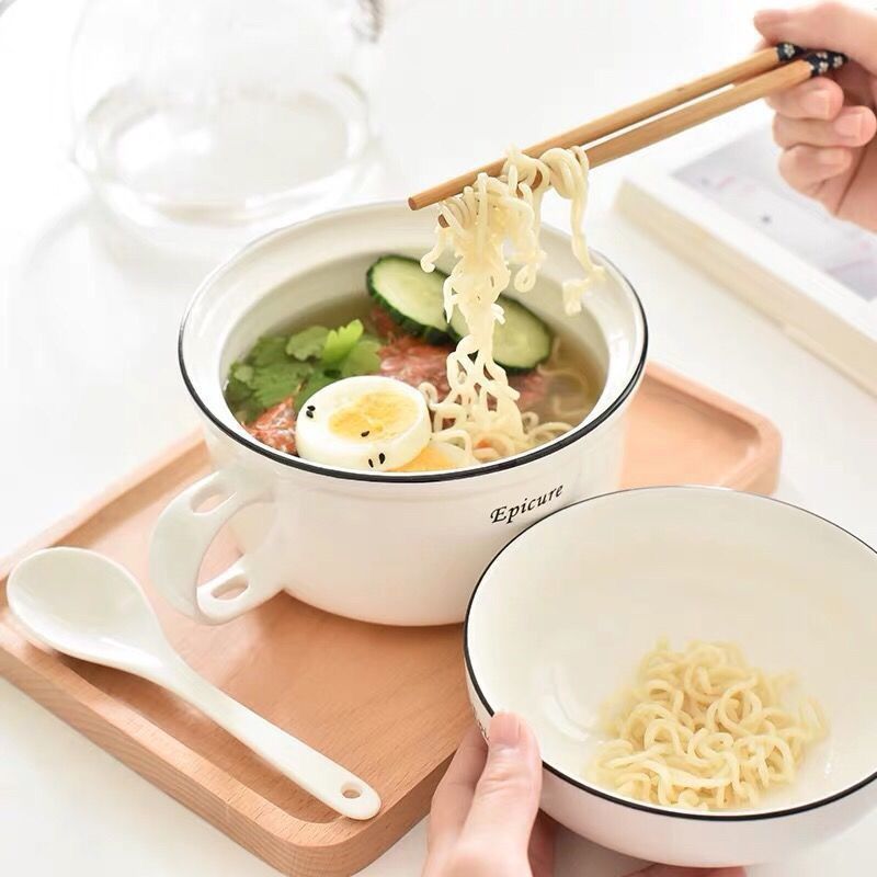Large ceramic instant noodles cup bowl with cover and handle instant noodles bowl rice bowl lunch box soup bowl microwave oven