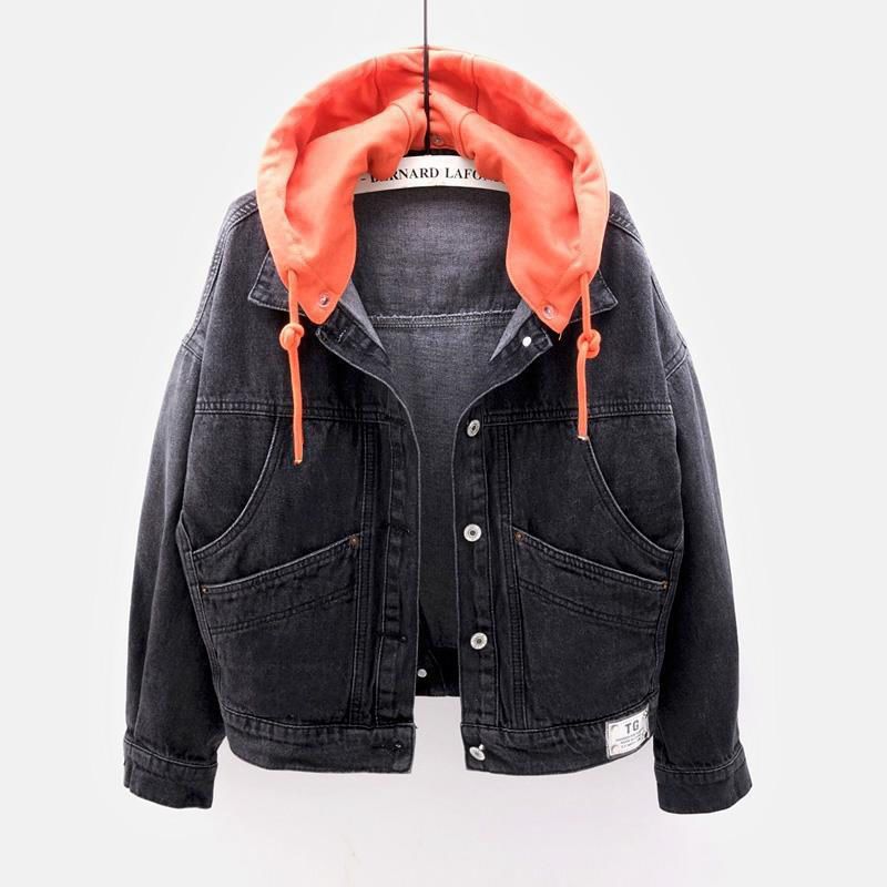 Denim jacket female student Korean loose short coat Long Sleeve Hooded Jacket Multi Pocket versatile top autumn winter