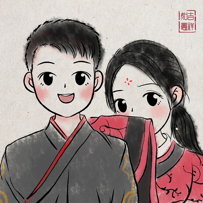 水墨风古风汉服儿童插画q版手绘头像情侣卡通形象照片漫画定制作