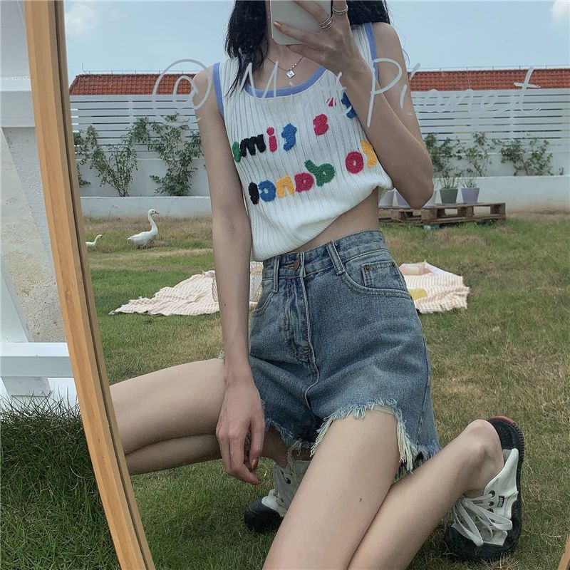 夏季新款韩版泫雅风彩色字母背心吊带短款修身显瘦针织上衣女