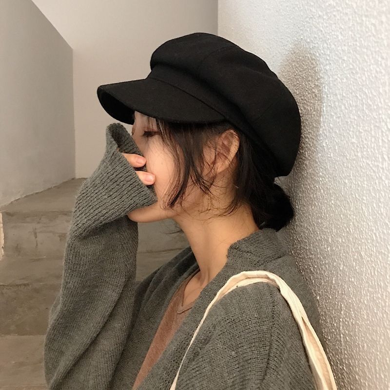 PU leather octagonal Hat Women's autumn and winter British Chaozhou Korean version spring and autumn fashion versatile Leather Hat duck tongue Beret