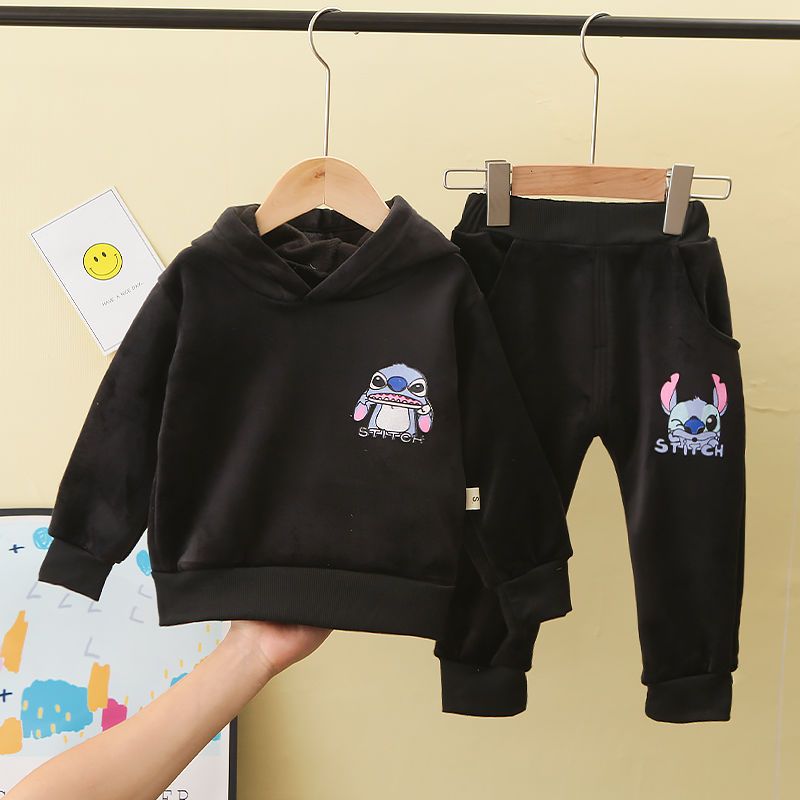Boys' autumn and winter gold velvet suit girls' winter sweater baby children's thickened double faced velvet two piece suit