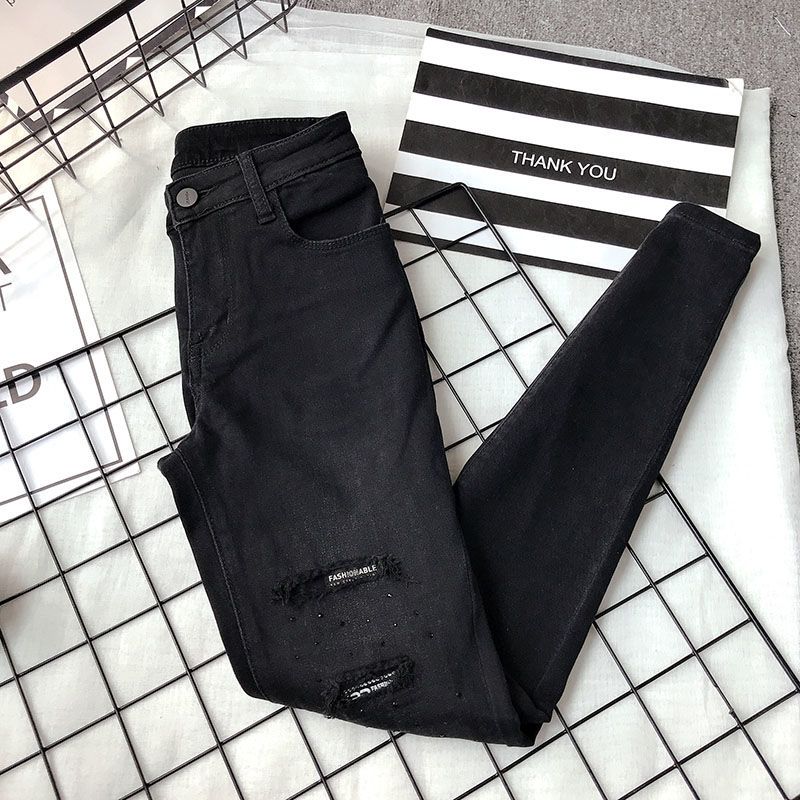 Black patch letter fashion jeans women's large size new 2022 autumn and winter fake holes with diamonds showing thin skinny pants