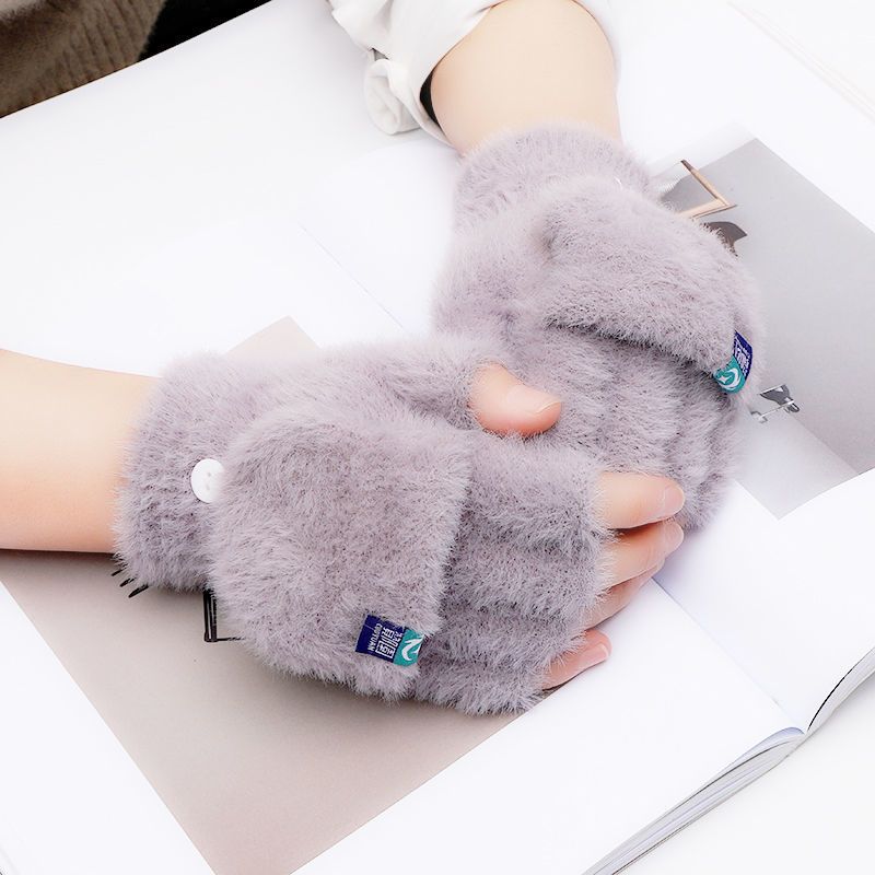 Gloves female autumn and winter warm Plush cat paw touch screen Half Finger flip children male female cycling students writing