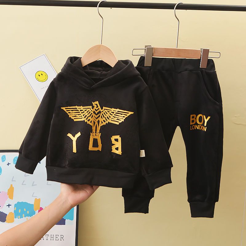 Boys' autumn and winter gold velvet suit girls' winter sweater baby children's thickened double faced velvet two piece suit