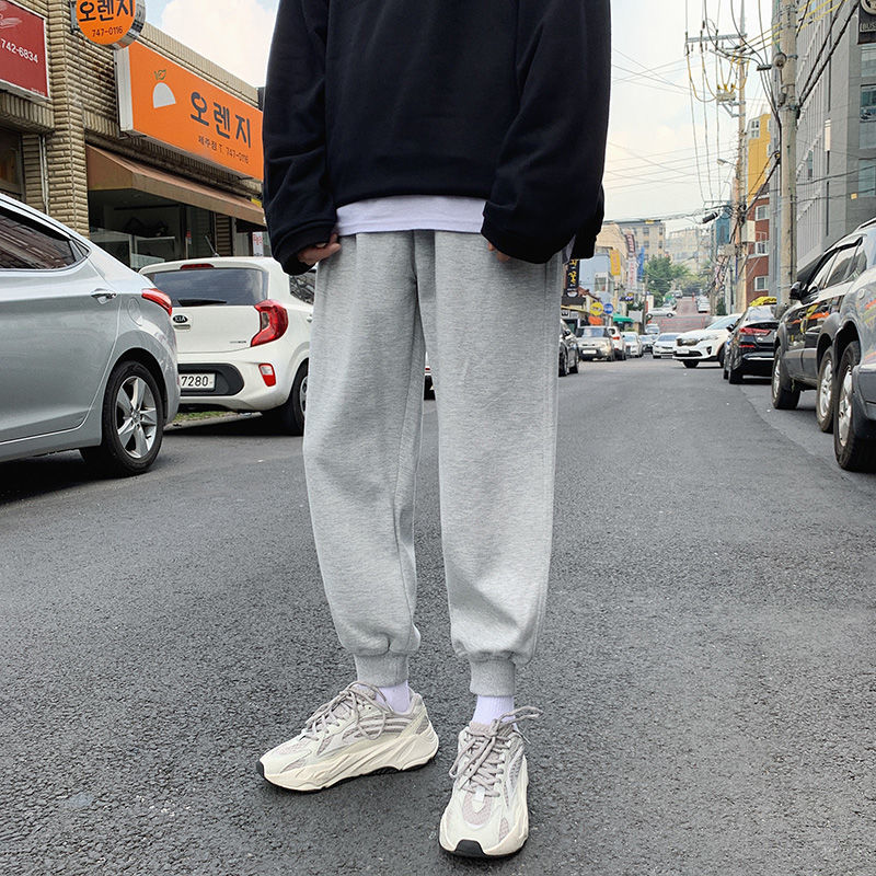 Plus fleece thick sports pants loose nine-point pants junior high school uniform pants men's Korean version of the legged pants women's solid color pants